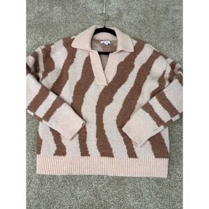 Nine West Womens Zebra Animal Print Collared Sweater Pink Brown Large L Mob Wife